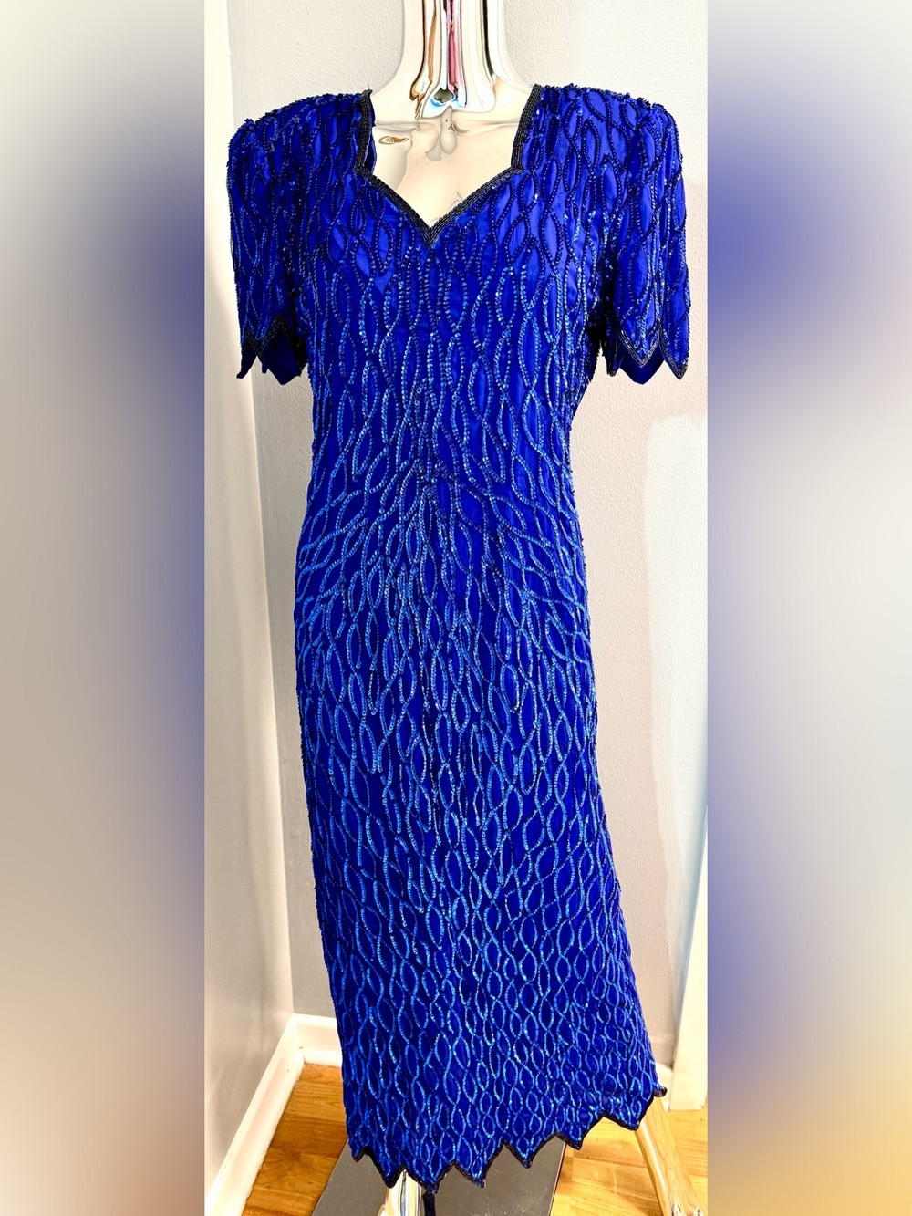 1980’s Vintage NWT Laurence Kazar Silk Cobalt Blue Beaded Midi Dress M